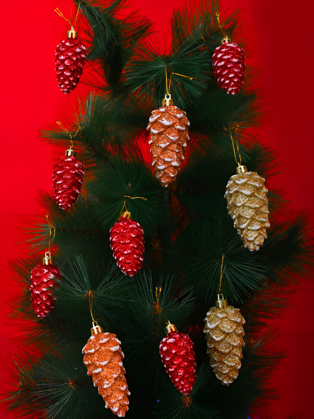 TAYHAA 10 Pcs Brown & Red Glitter Pinecone Ornaments