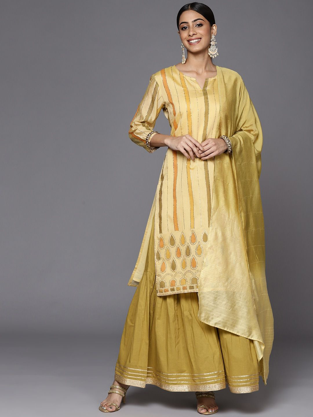 KALINI Women Printed Regular Mukaish Kurta with Sharara & With Dupatta