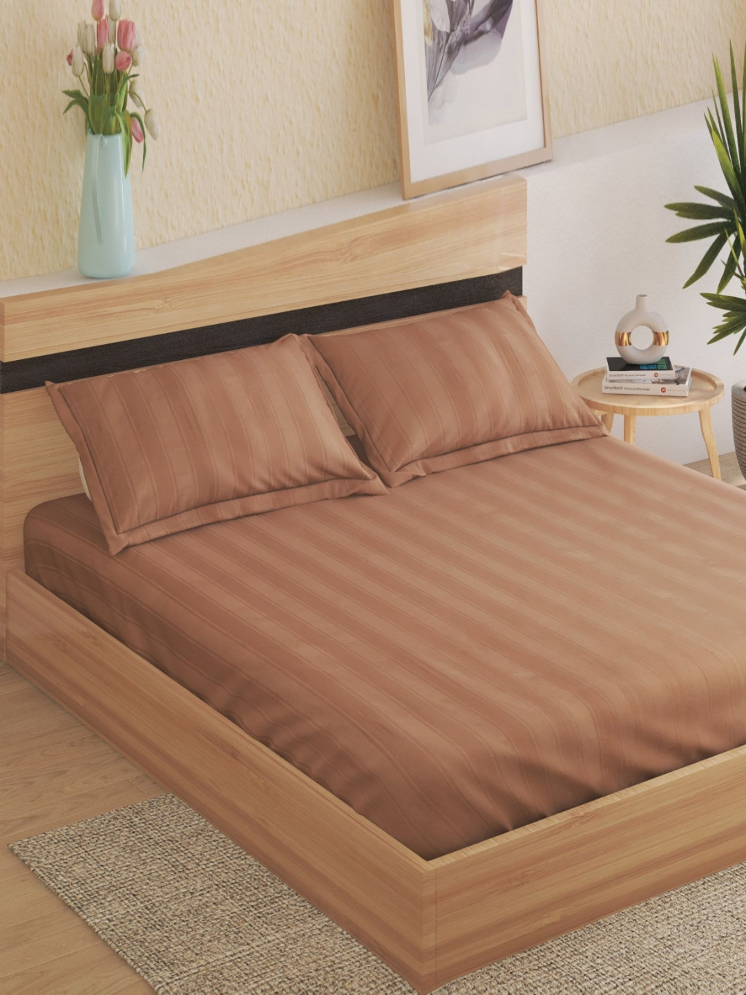 Home Centre Home Shores Brown Striped Cotton Skin-Friendly 300 TC Super King Bedsheet with 2 Pillow Covers-274 x 274 cm