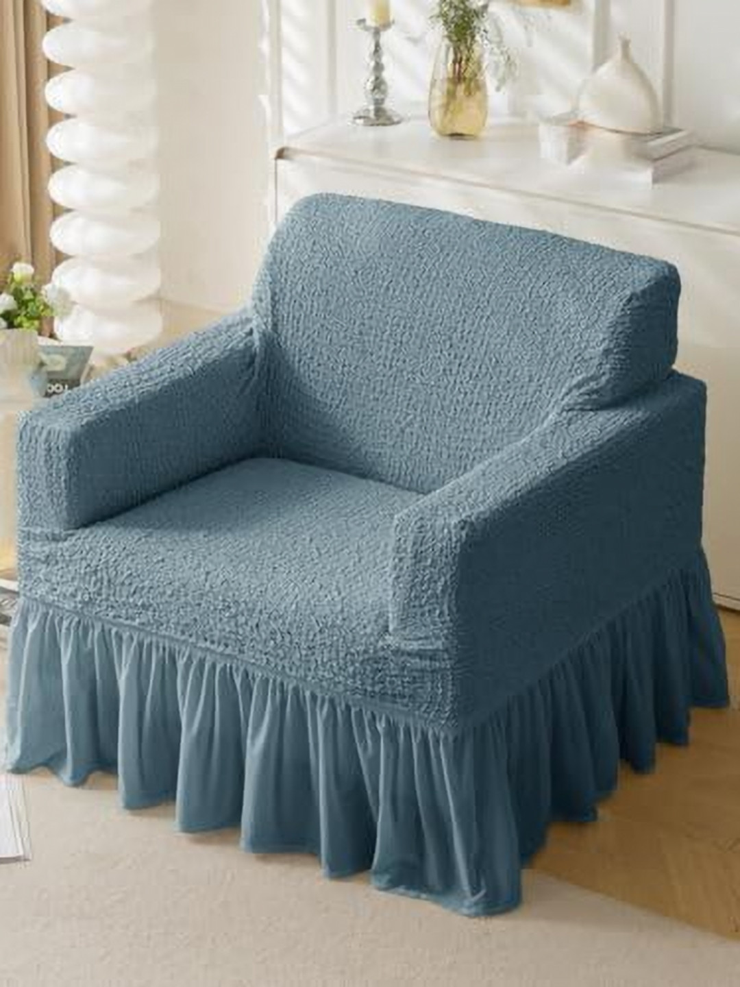 HOUSE OF QUIRK Italian Blue Self Design Single Seater Sofa Cover With Arms