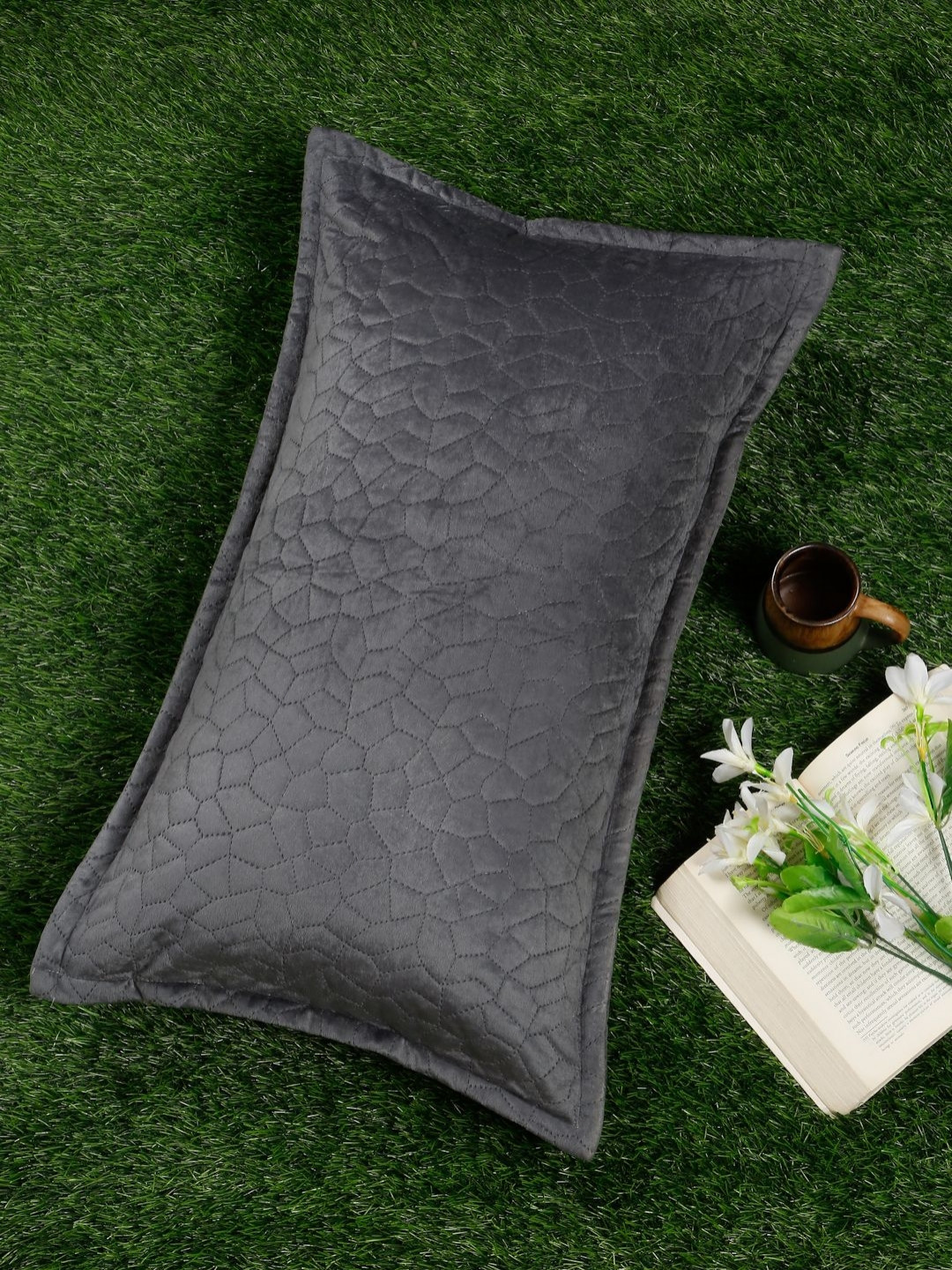 SOKNACK Grey 1 Pieces Self Design Jute Silk Rectangle Pillow Covers