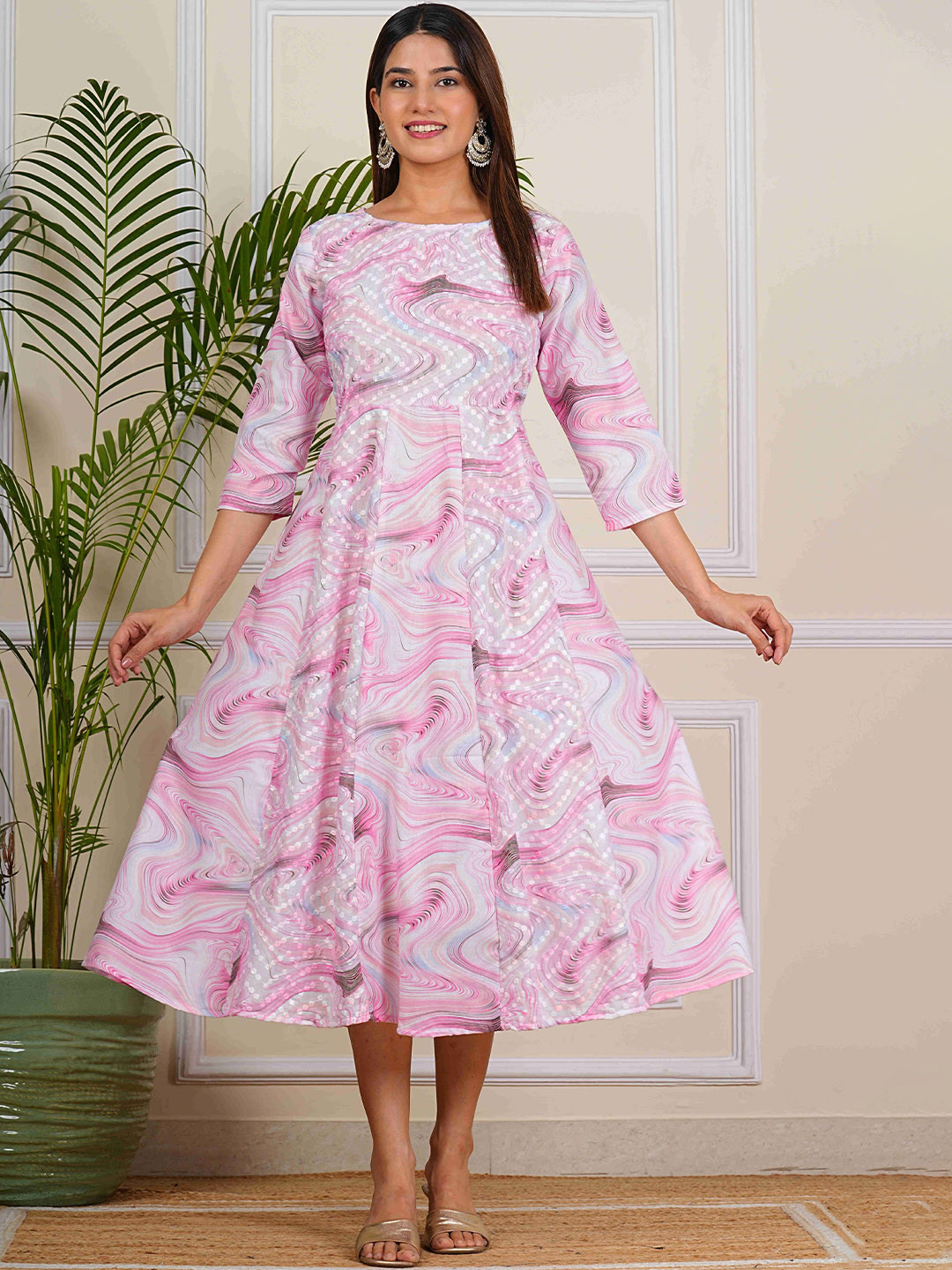 Aarti  Fashion Women Abstract Printed Cotton Fit & Flare Midi Dress