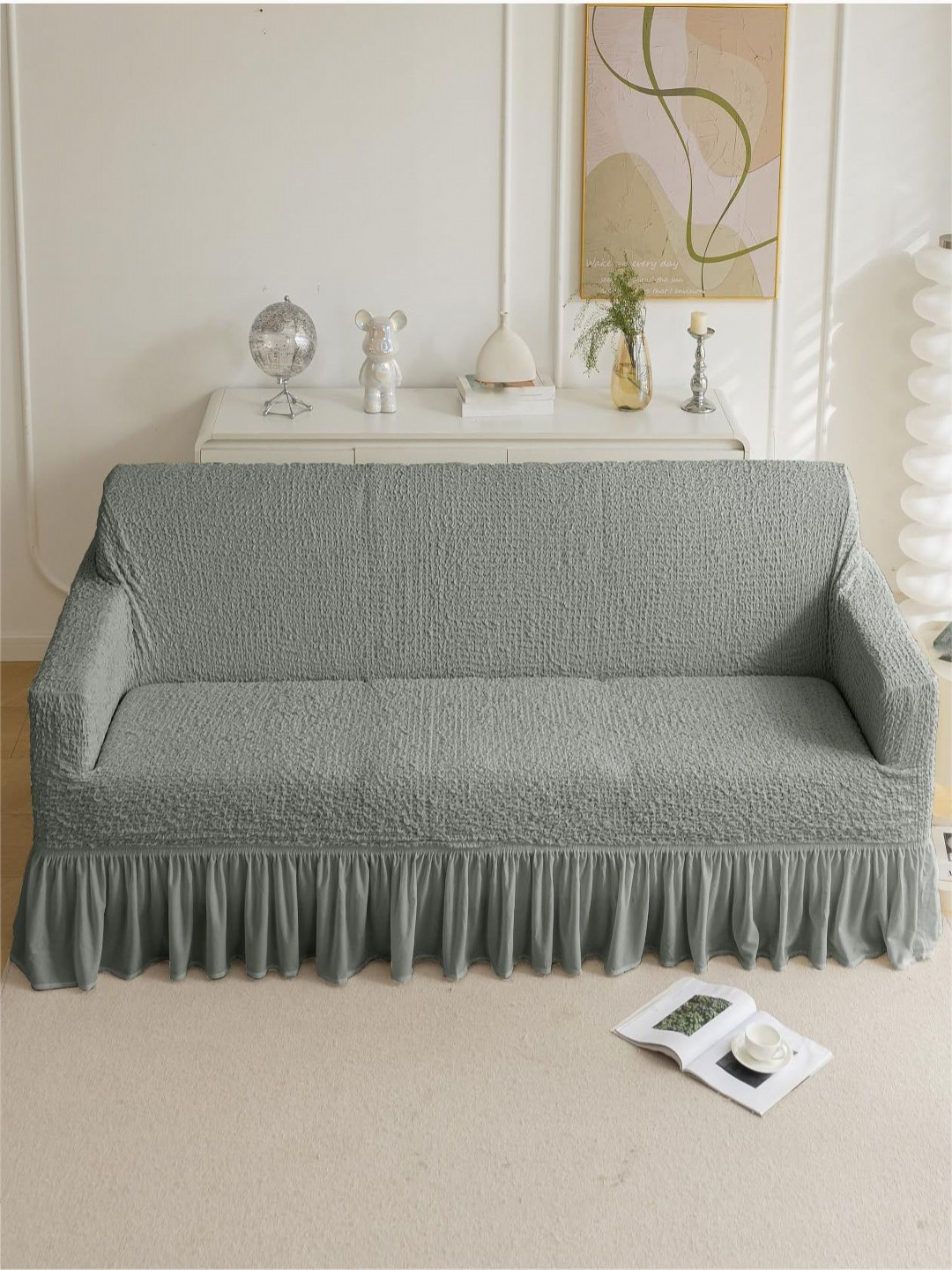 HOUSE OF QUIRK Italian Grey Self Design 4 Seater Sofa Cover With Arms