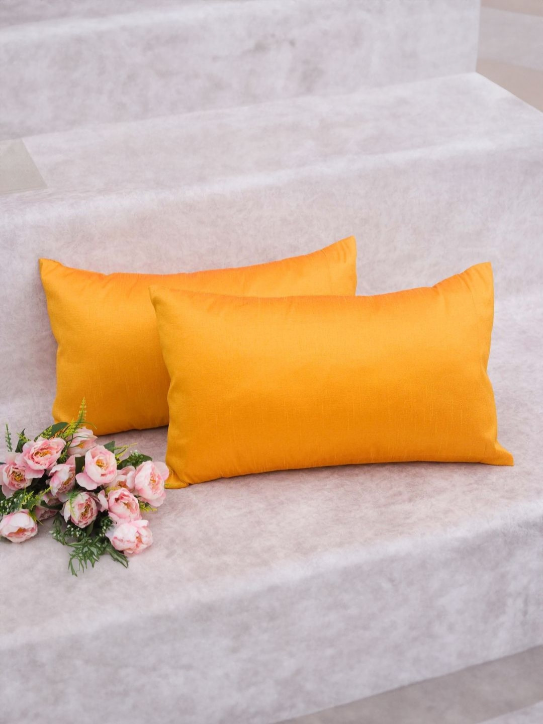 RoyalDeco Yellow Silk Color Fastness 2 Piece Rectangle Cushion Covers -12x20In