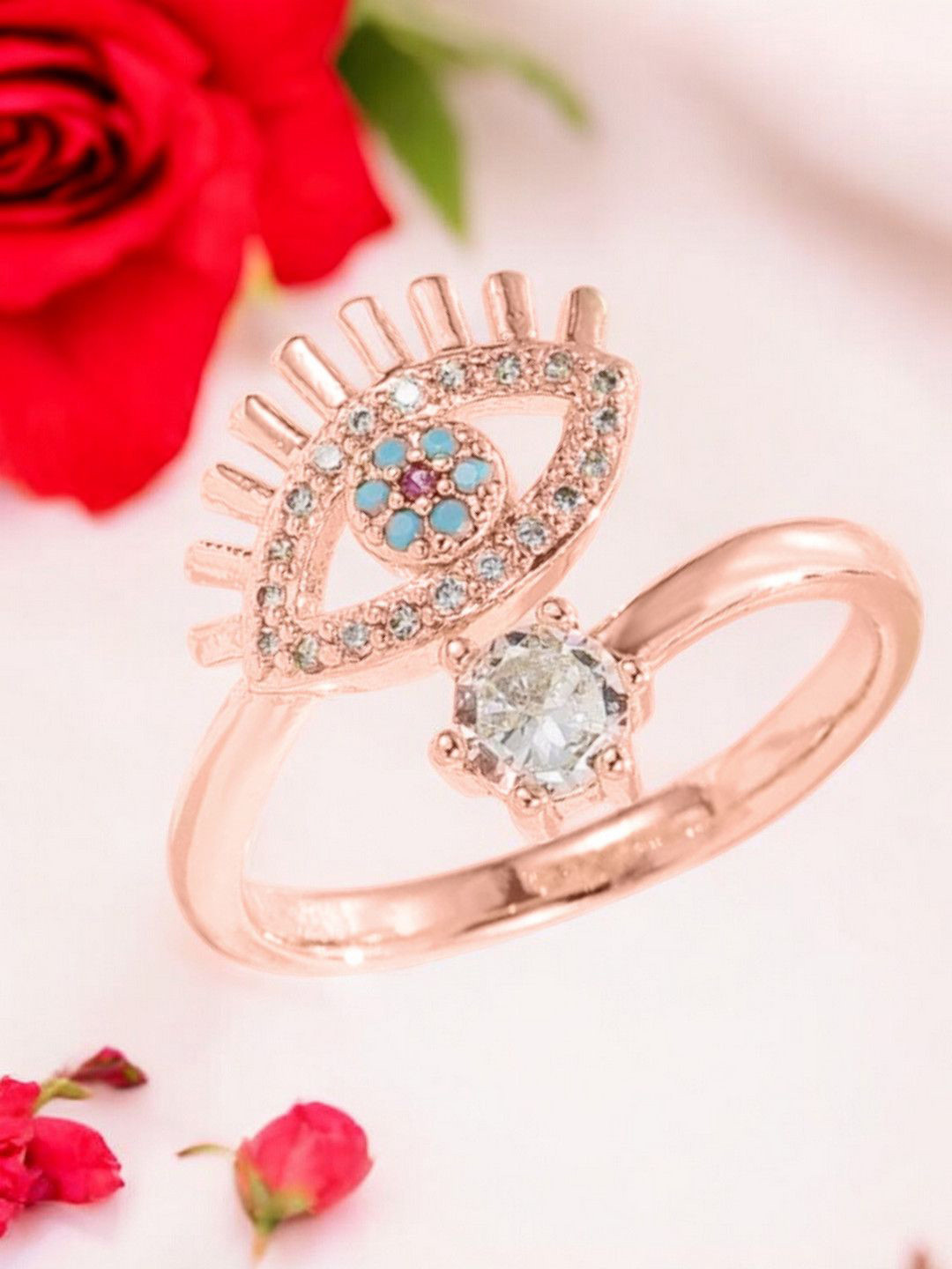 DressBerry Cubic Zirconia Stone Studded Evil Eye Adjustable Finger Ring