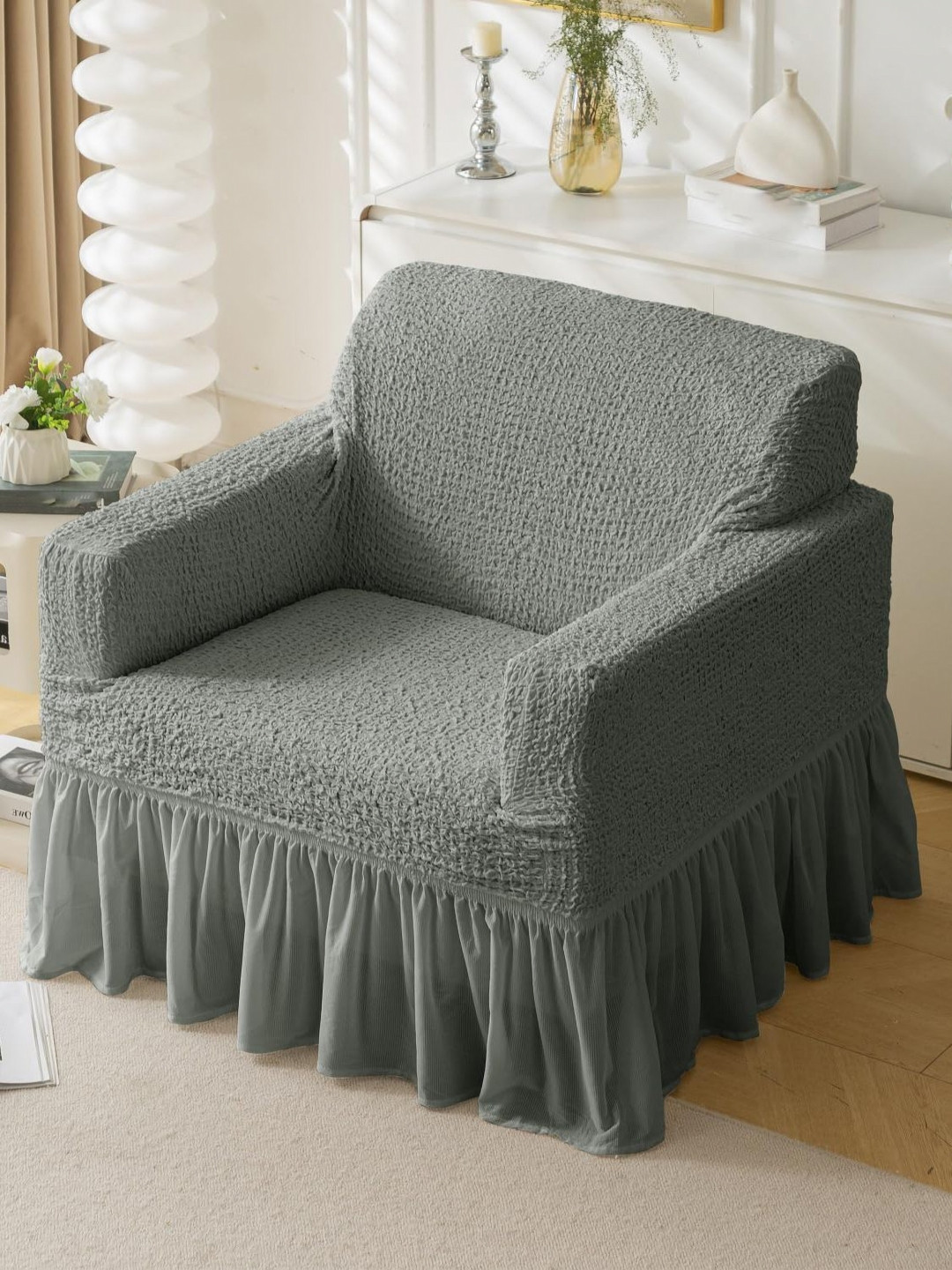 HOUSE OF QUIRK Italian Grey Self Design Single Seater Sofa Cover With Arms