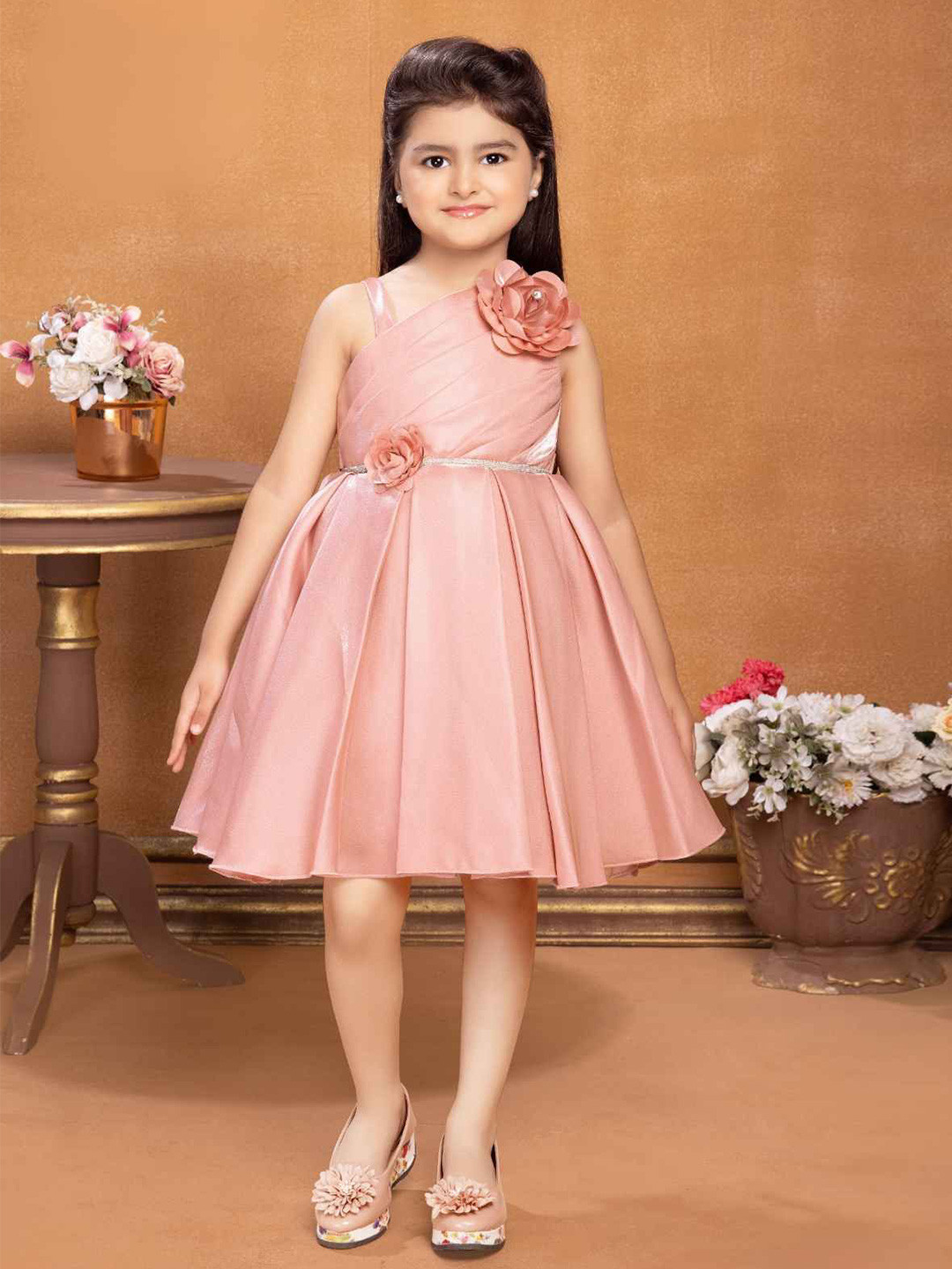 Lagorii Girls Aymmetric Neck Floral Embellishment Fit & Flare Dress