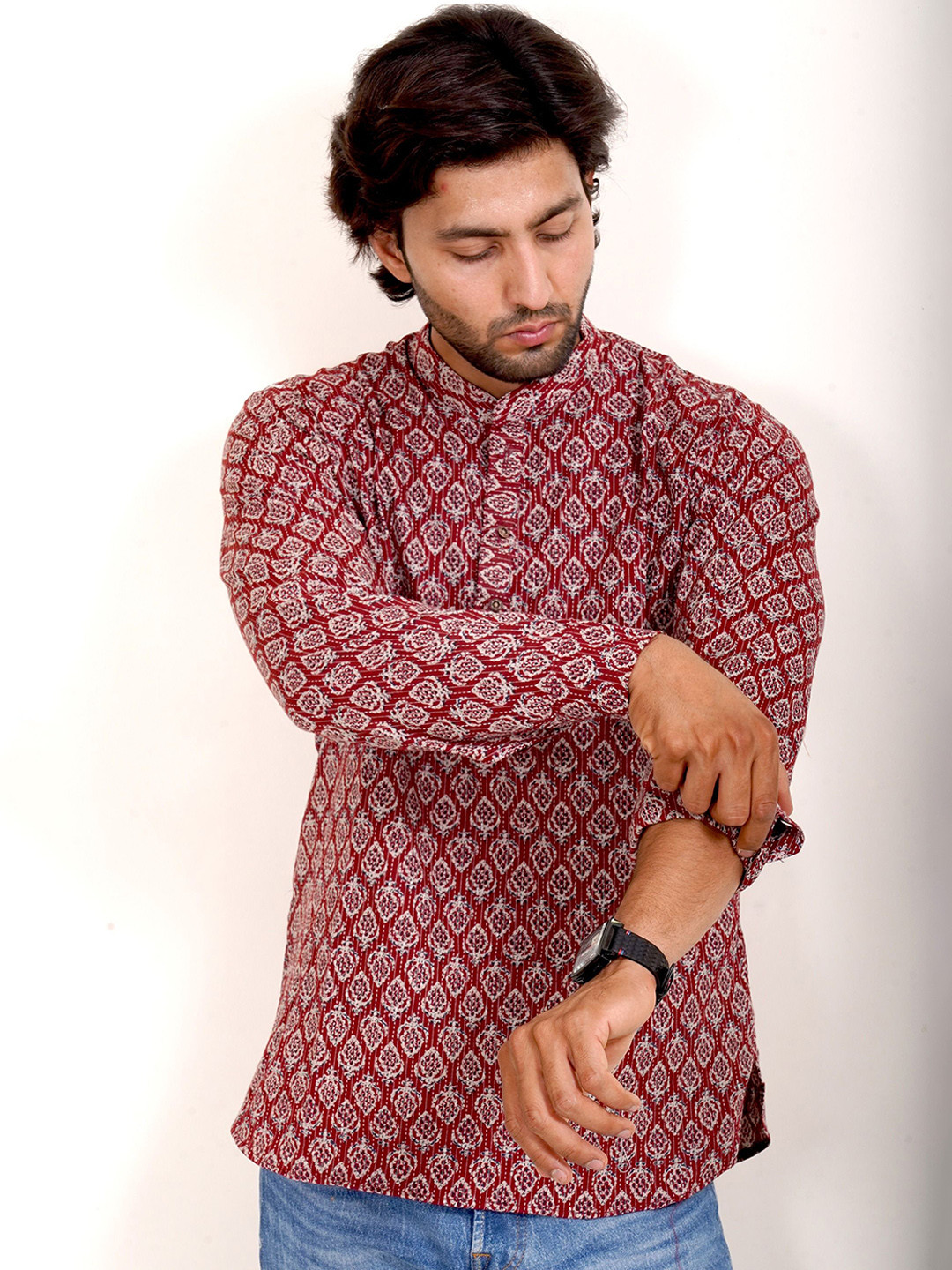 The Kurta Studio Floral Block Printed Band Collar Pure Cotton Straight Short Kurta