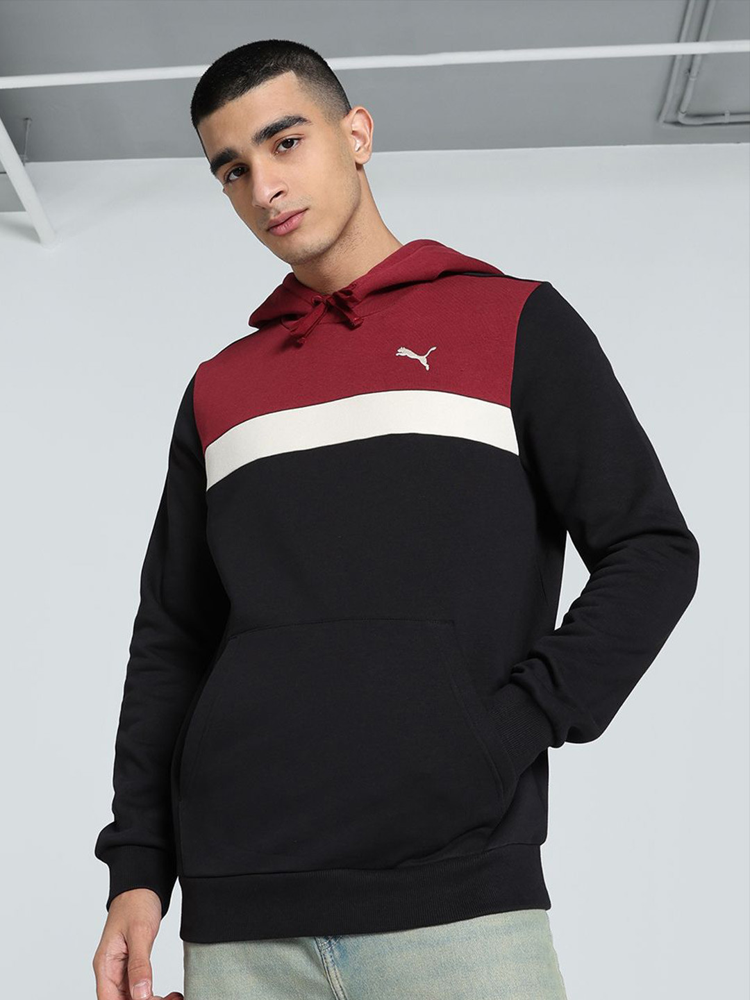 Puma Men Colorblocked Cotton Long Sleeve Hooded Sweatshirt