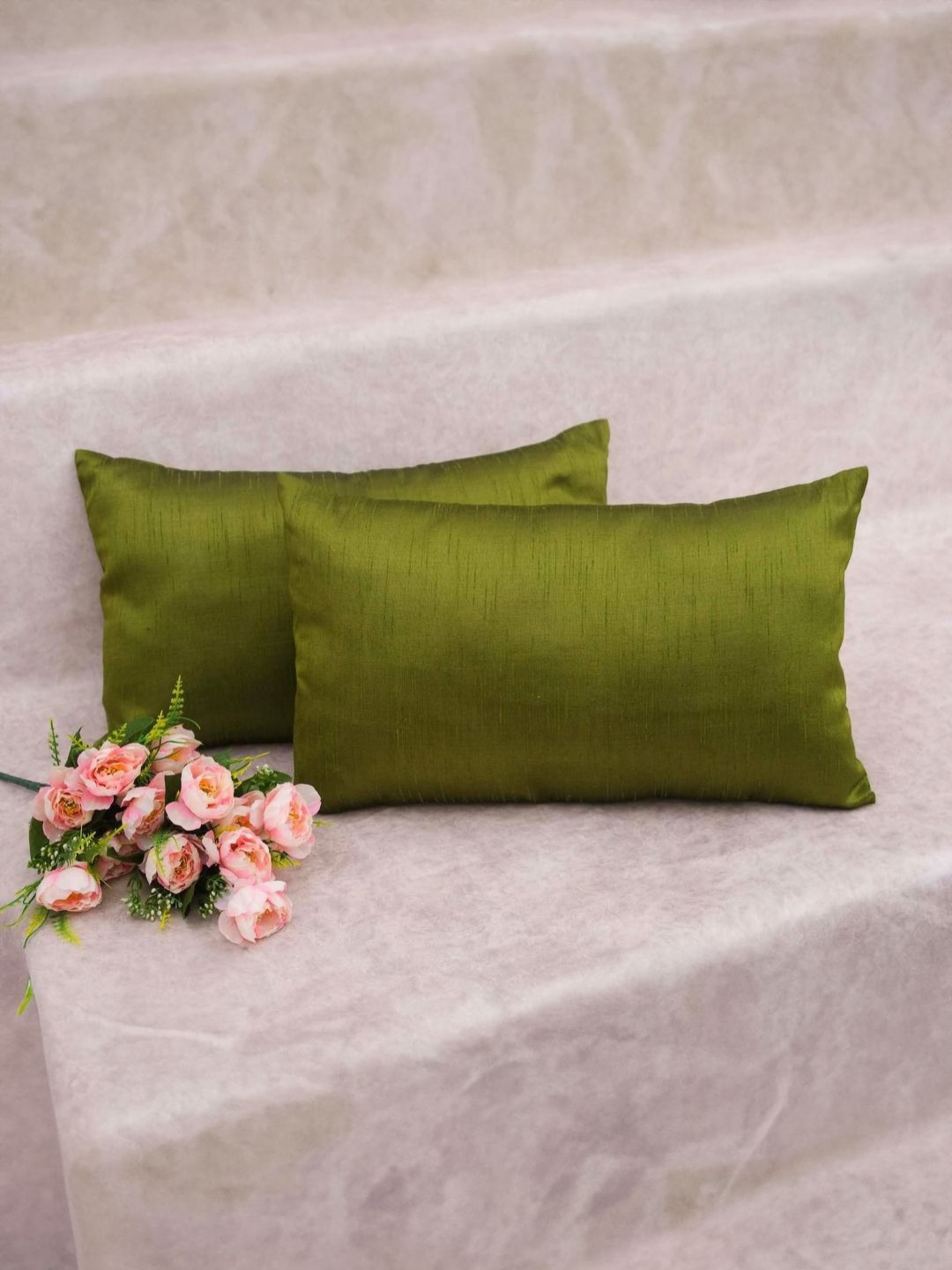 RoyalDeco Olive Silk Washable 2 Piece Rectangle Cushion Covers -12x20In