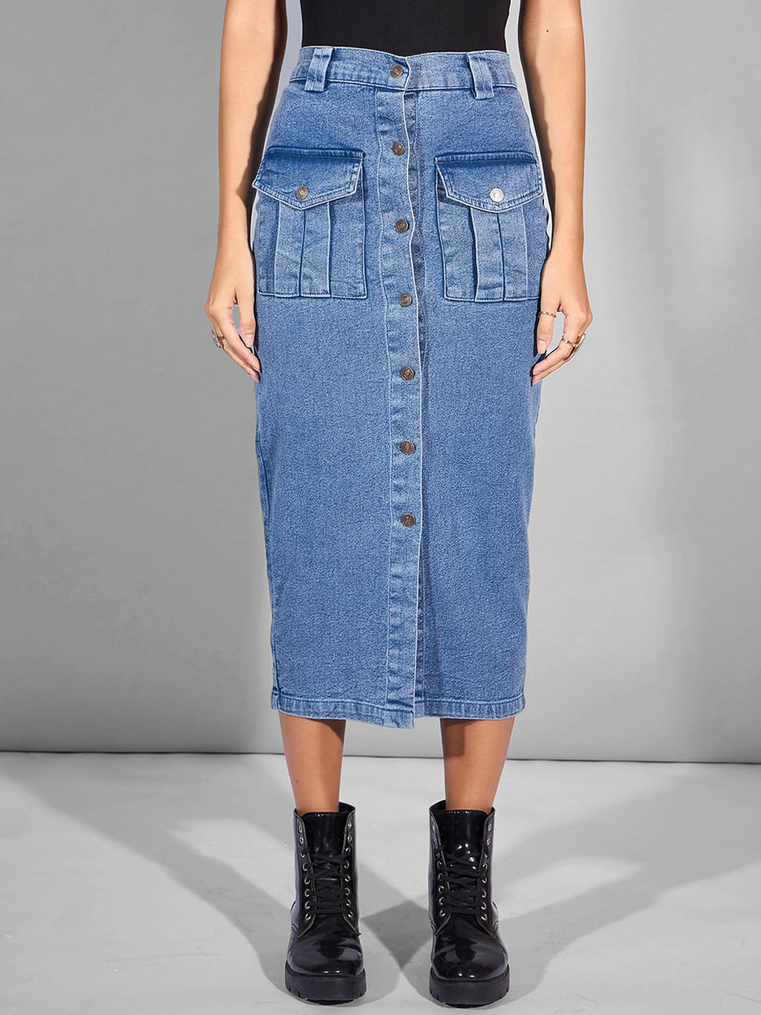 SASSAFRAS Women Pencil Cargo Styles Midi Denim Skirt