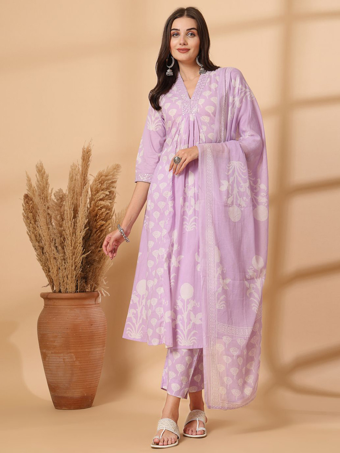 Shangri LA MS Designs Women Floral Embroidered Regular Mirror Work Pure Cotton Kurta with Trousers & With