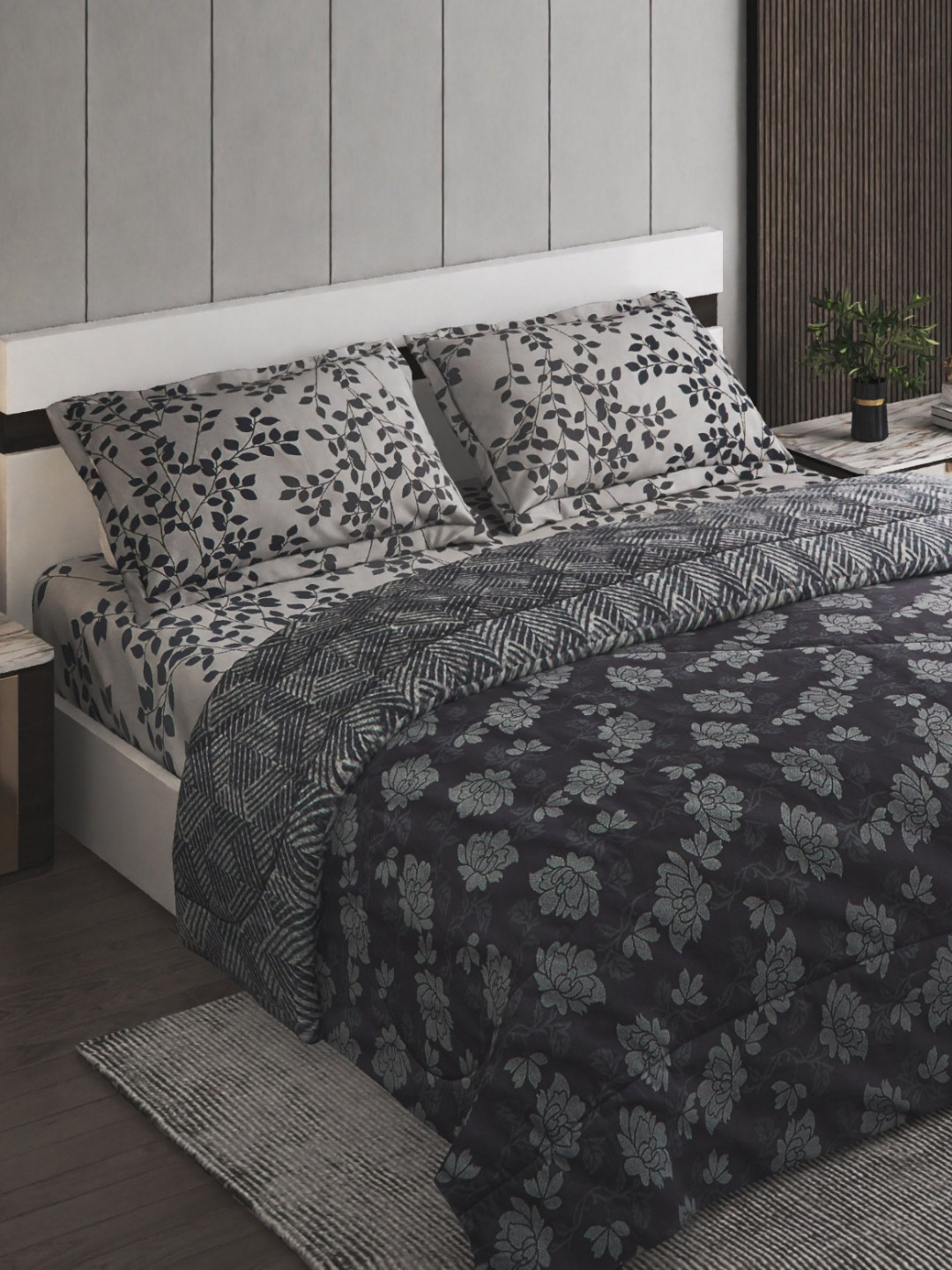 Home Centre Chime Aspen Grey & White Ethnic Motifs Printed 144 TC Cotton King Bedding Set