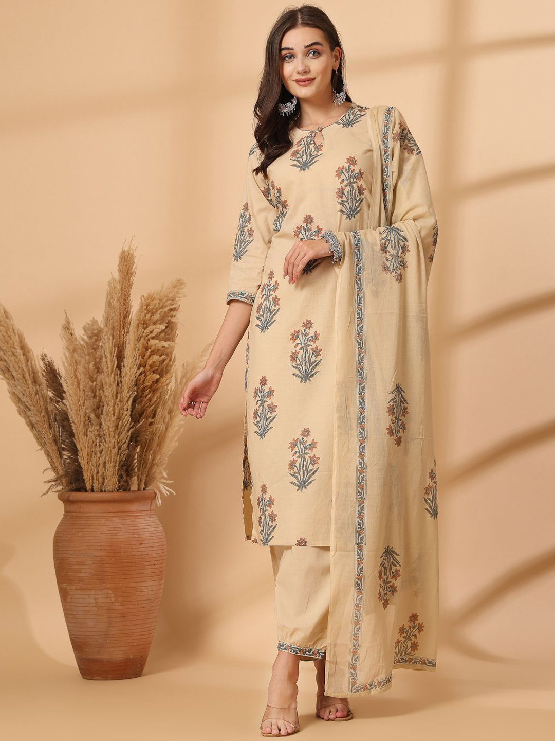 Shangri LA MS Designs Women Floral Printed Regular Pure Cotton Kurta with Harem Pants & With Dupatta