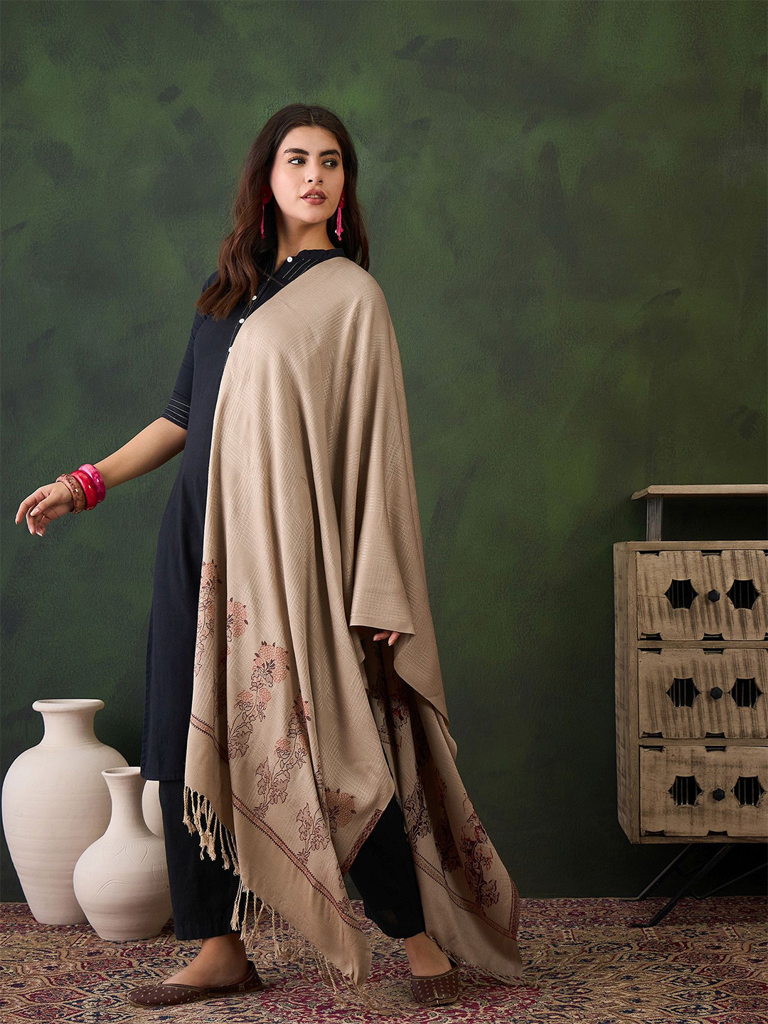 Sangria Ethnic Floral Motifs Border Woven Design Winter Pashmina Shawl