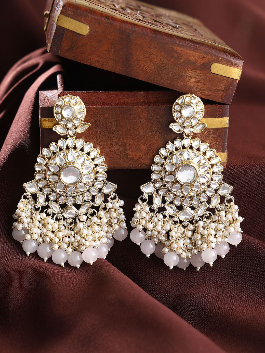Priyaasi Gold-Plated Kundan Stone Studded & Pearls Beaded Floral Pattern Chandbalis