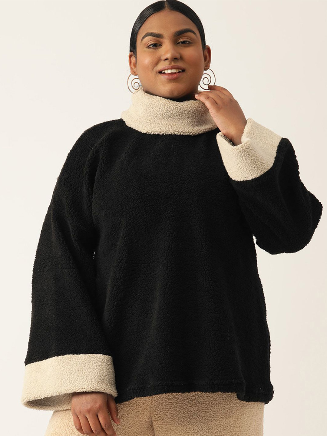 theRebelinme Women Plus Size Teddy Turtle Neck Colourblocked Pullover Sweatshirt