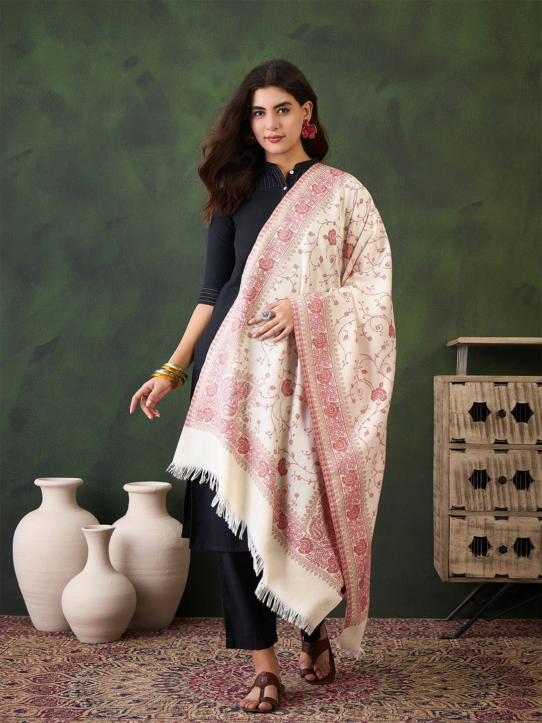 Winter Allover Ethnic Motifs Woven Design Woollen Shawl