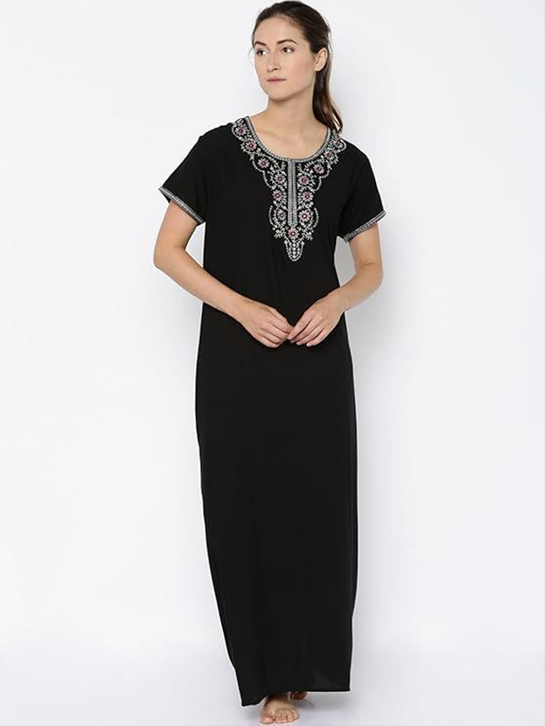 Sand Dune Women Pure Cotton Embroidered Round Neck Short Sleeves Maxi Nightdress