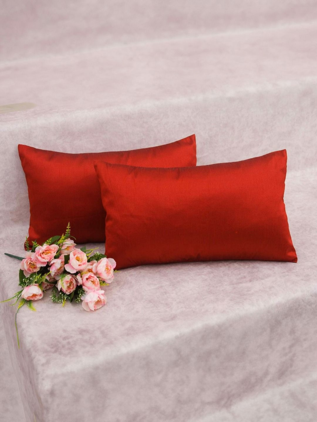 RoyalDeco Shrinkage Maroon Silk Color Fastness 2 Piece Rectangle Cushion Covers -12x20In