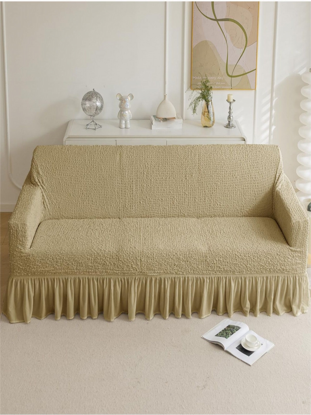 HOUSE OF QUIRK Italian Khaki Colour Self Design 3 Seater Sofa Cover With Arms