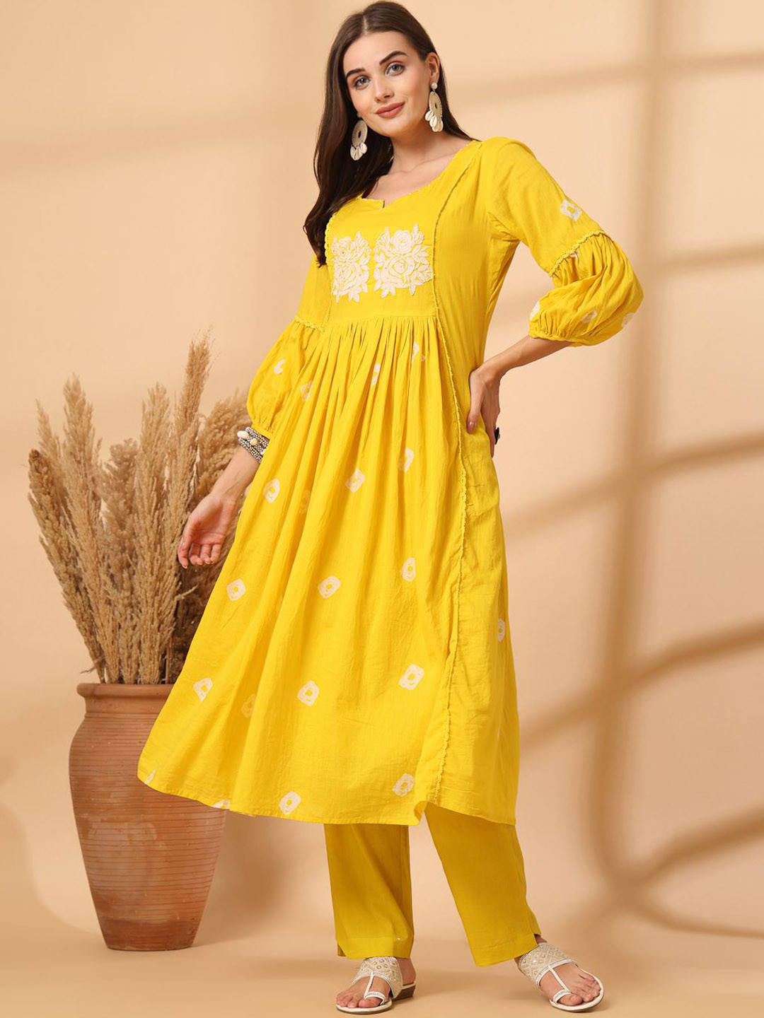 Shangri LA MS Designs Women Bandhani Printed Empire Beads and Stones Pure Cotton Kurta with Trousers