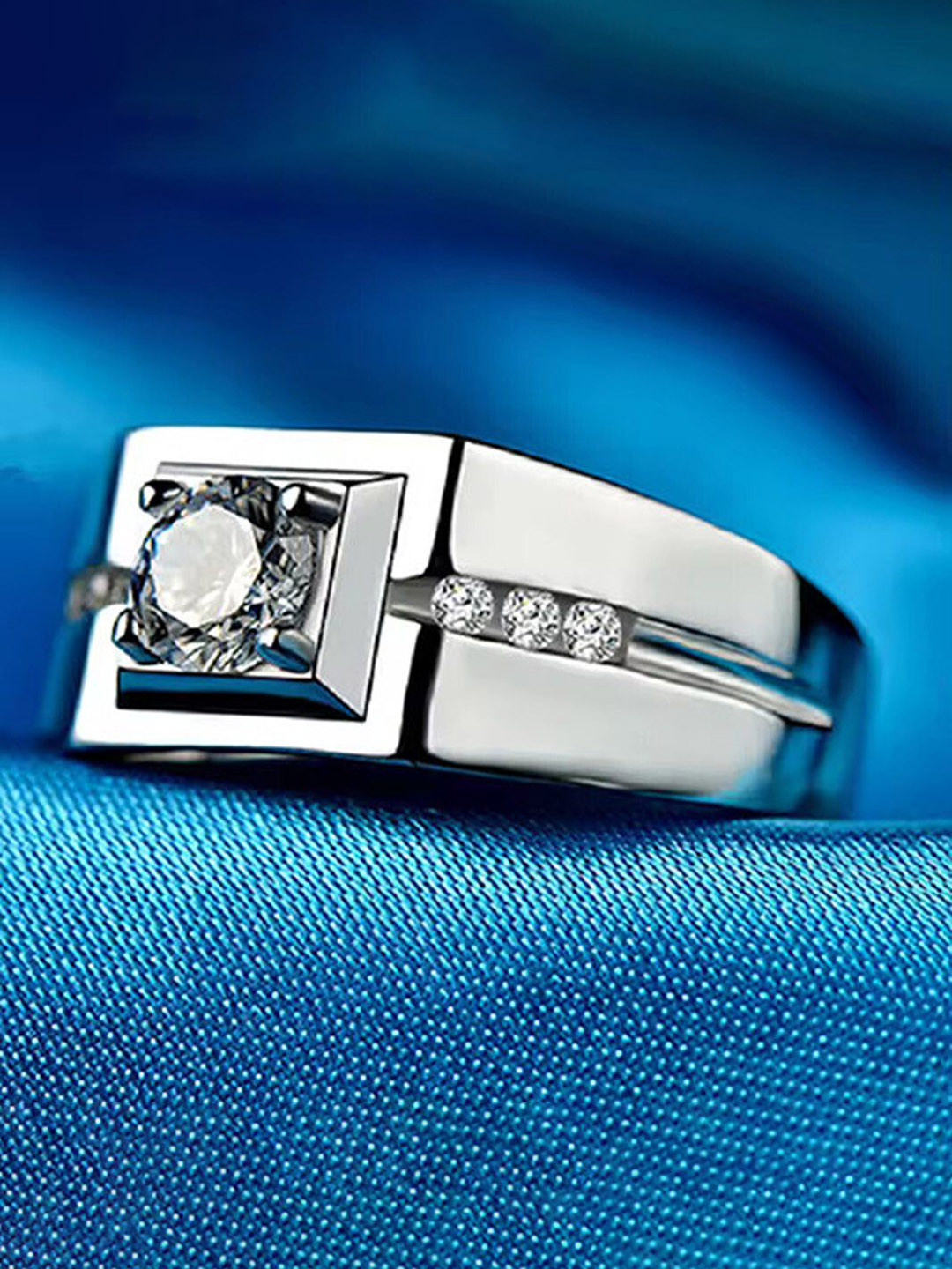 Lila Men Sterling Silver American Diamond Stone-studded Adjustable Ring