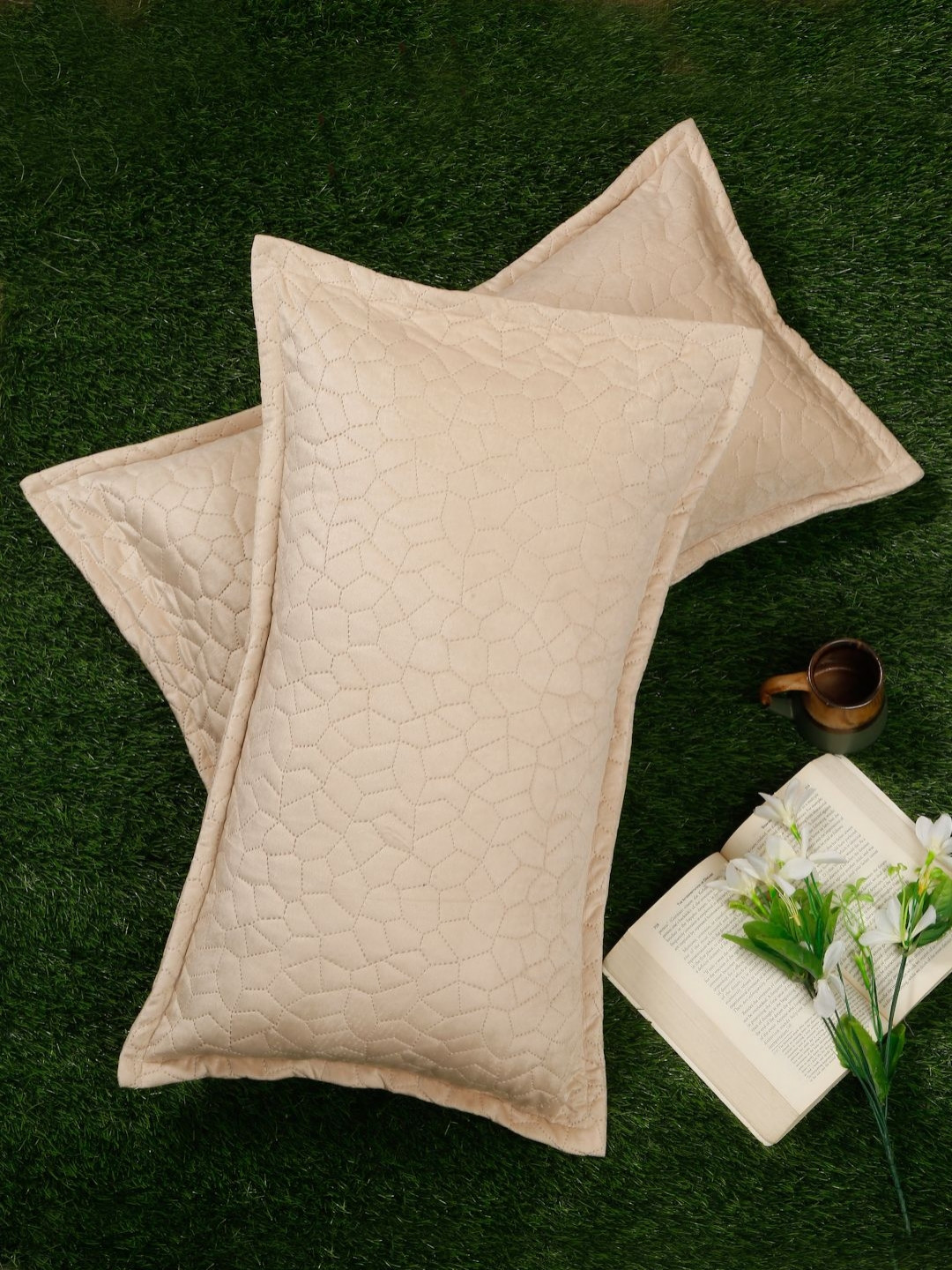 SOKNACK Cream-Coloured 2 Pieces Self Design Jute Silk Rectangle Pillow Covers