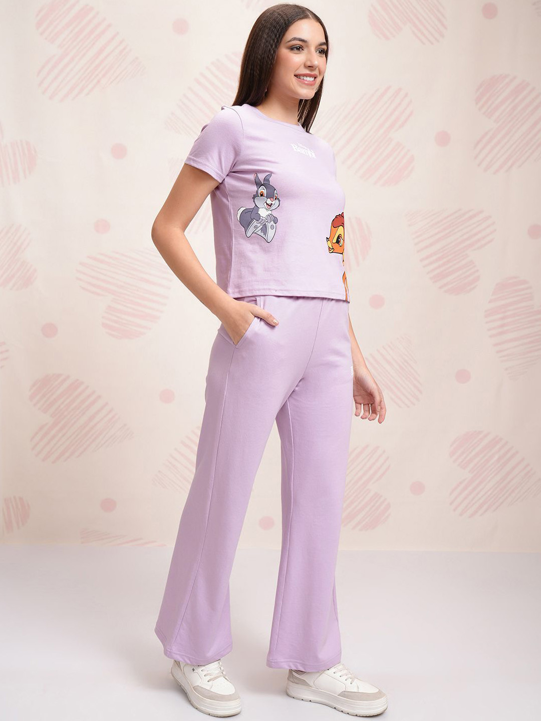 Tokyo Talkies Lavender Disney Bambi Printed Pure Cotton T Shirt With Trouser