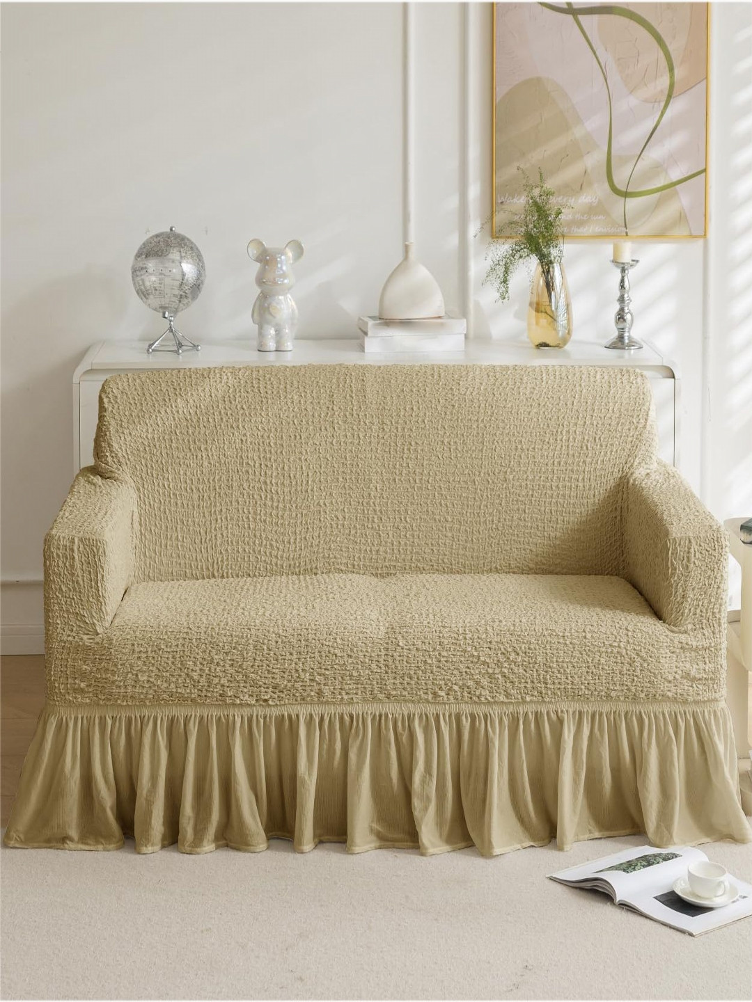 HOUSE OF QUIRK Italian Khaki Coloured Self Design 2 Seater Sofa Cover With Arms