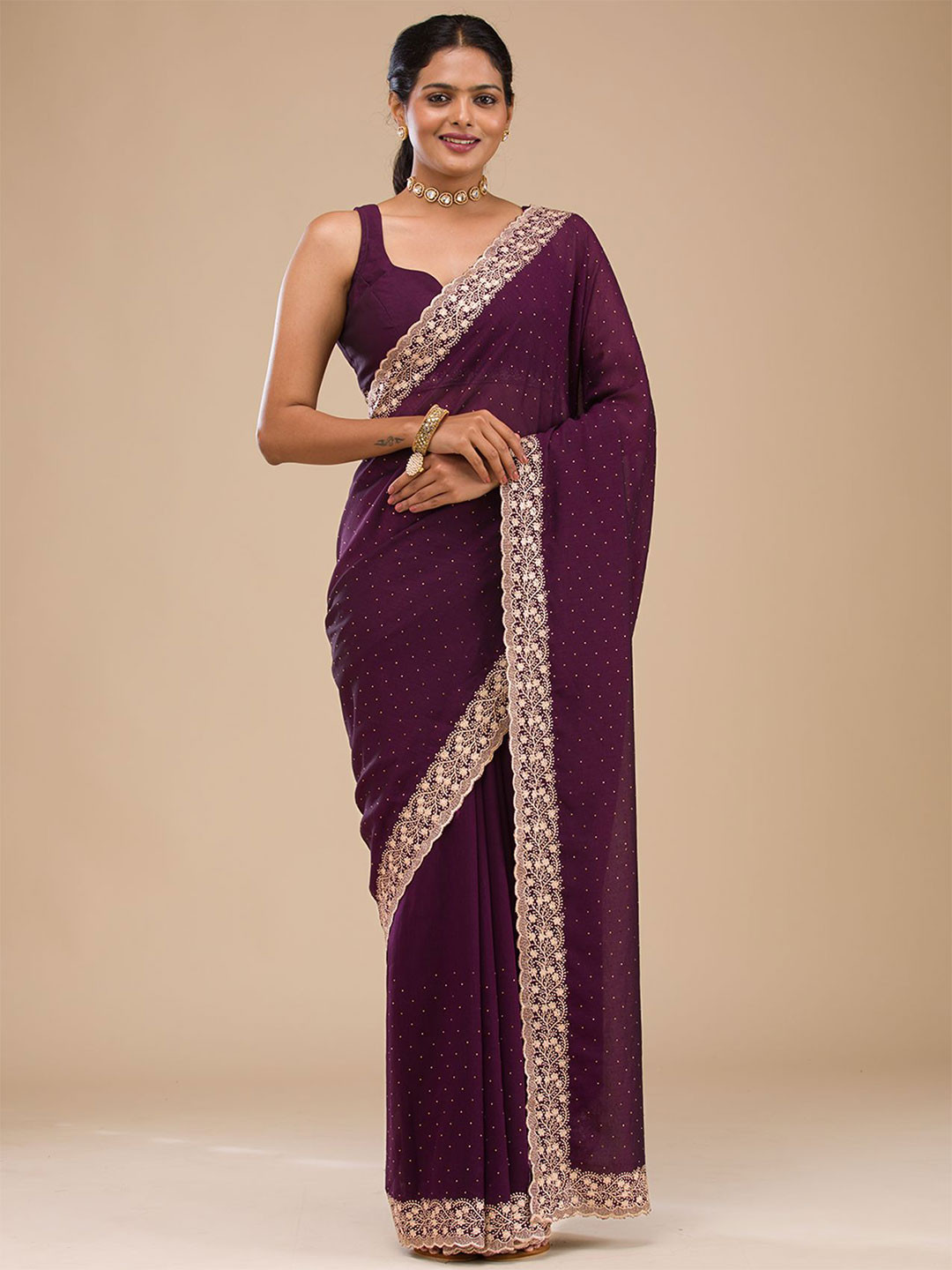 Koskii Women Zariwork Purple Soft Raw Silk Saree With Unstitched Blouse