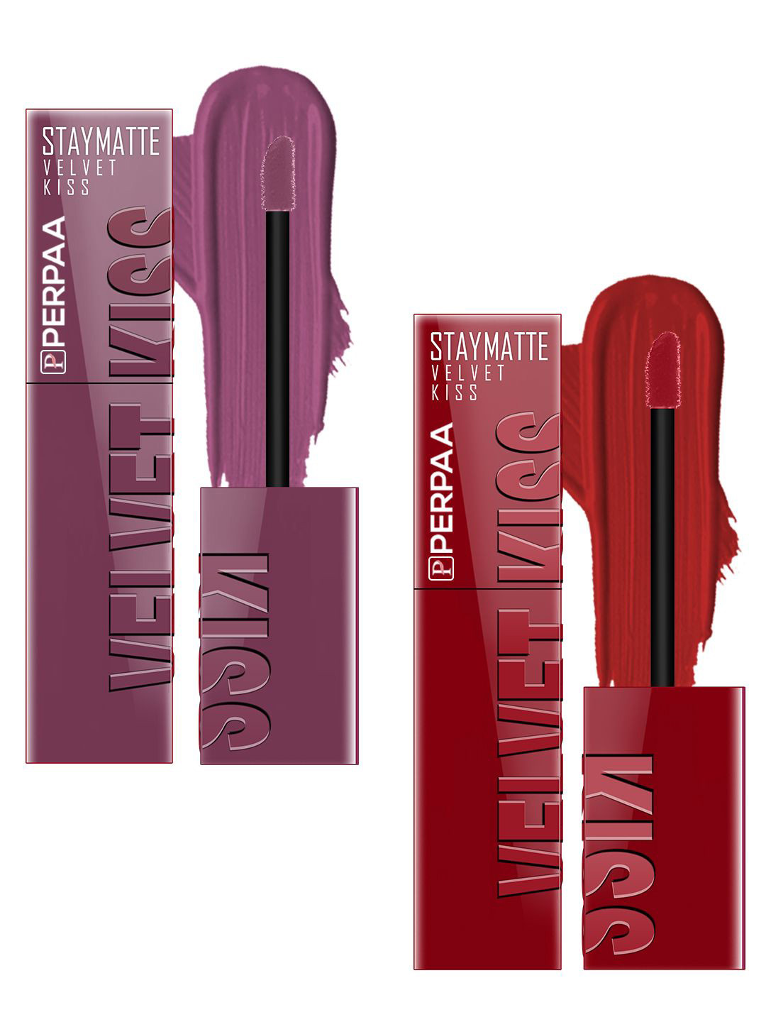 PERPAA Set Of 2 Velvet Kiss Matte Liquid Lipsticks 3.5ml Each - Dark Muave & Cherry Red