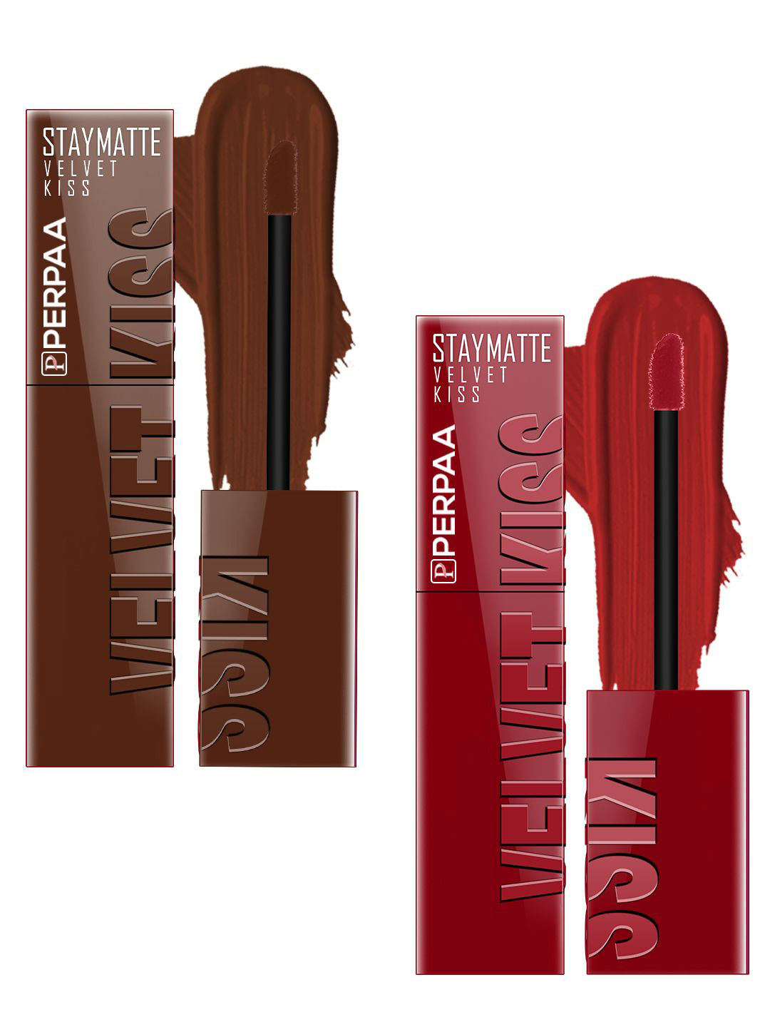PERPAA Set Of 2 Staymatte Velvet Kiss Liquid Lipstick- 3.5ml Each-Dark Brown & Cherry Red