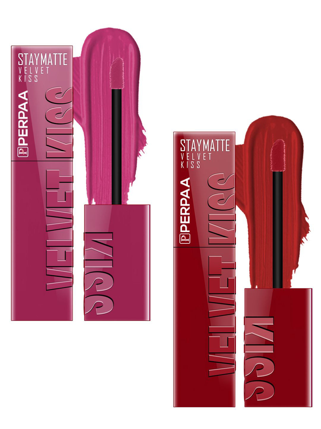 PERPAA Set Of 2 Velvet Kiss Matte Liquid Lipsticks- 3.5 ml Each- Dark Pink & Cherry Red