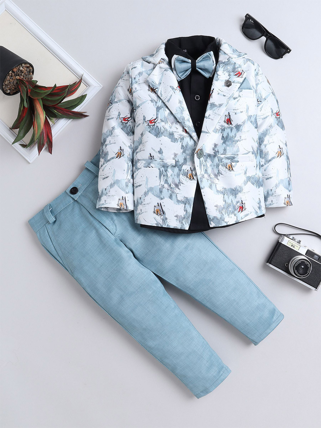 FOURFOLDS Boys Notched Lapel Collar Blazer with Trouser & Shirt 3-piece Suit