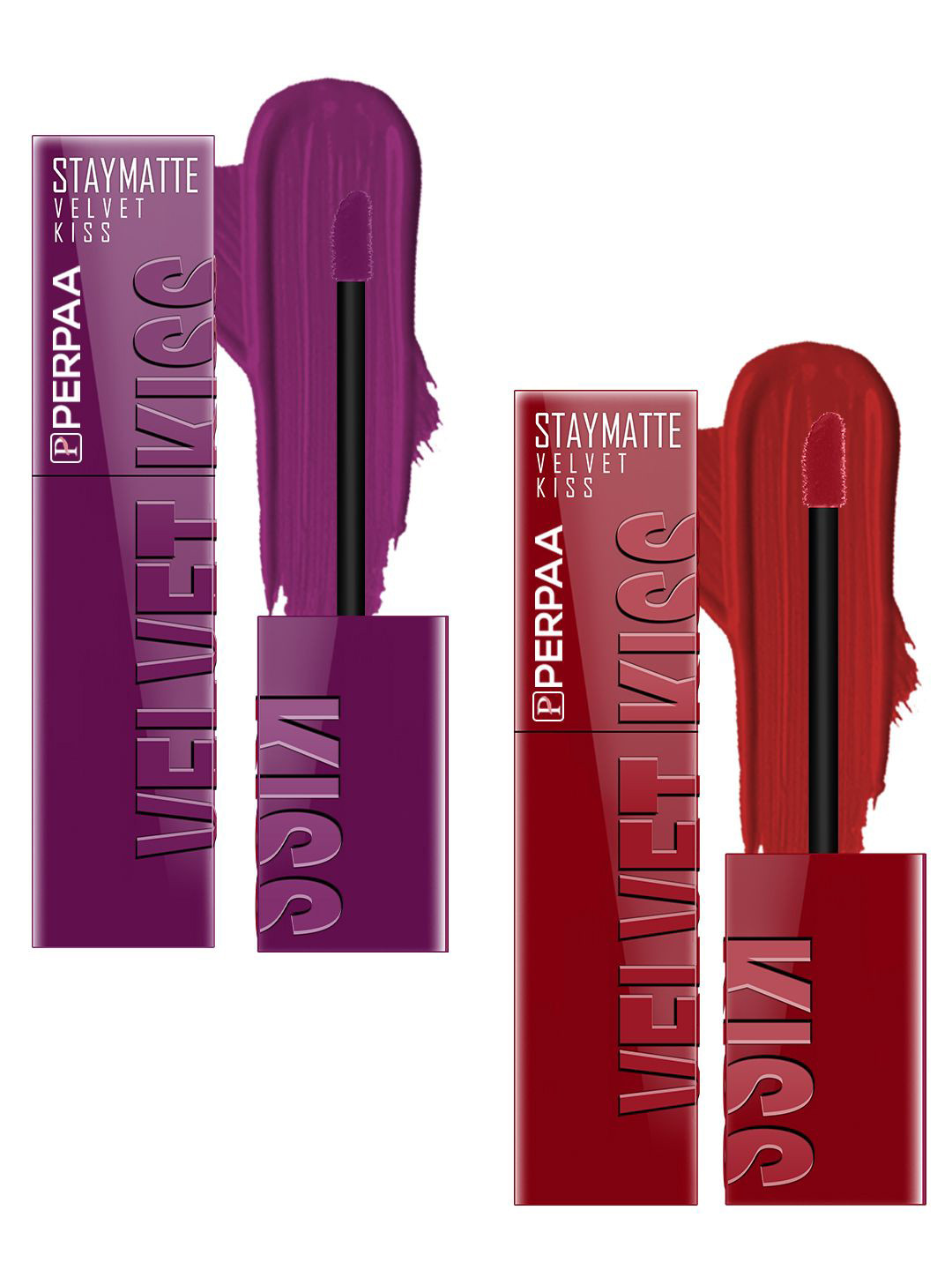 PERPAA Set Of 2 Velvet Kiss Matte Liquid Lipsticks 3.5ml Each - Wine & Cherry Red