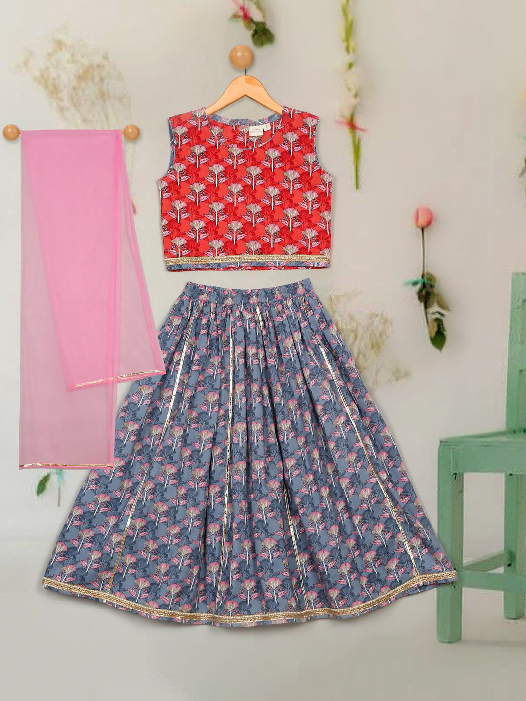 SAKA DESIGNS Girls Floral Printed Ready to Wear Cotton Lehenga & Blouse With Dupatta