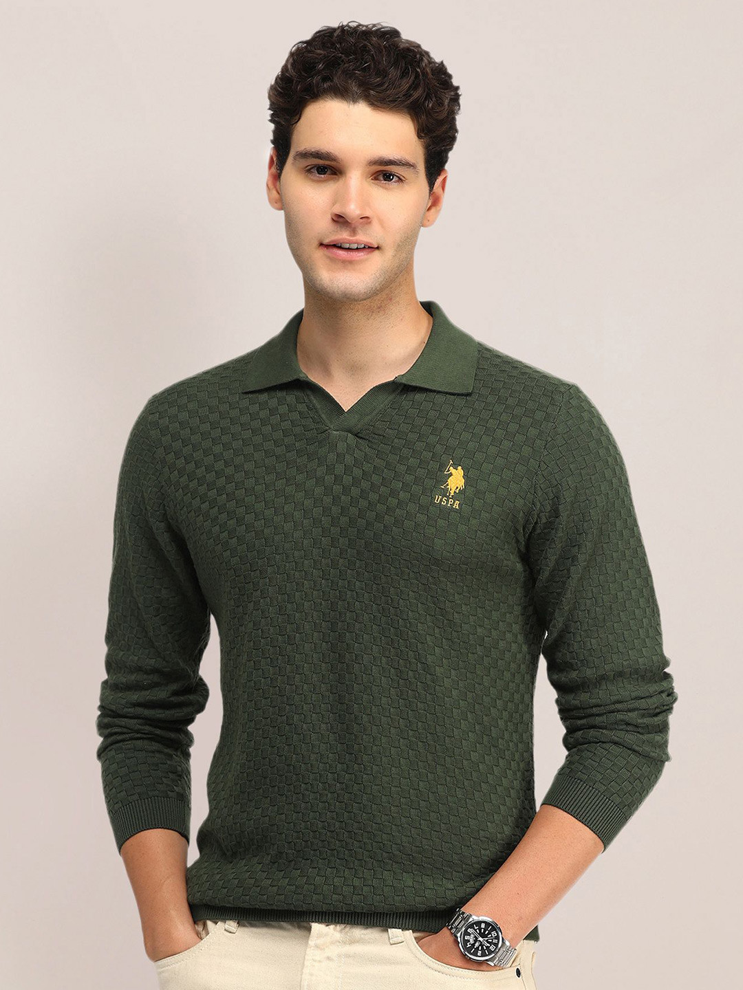 U.S. Polo Assn. Men Self Design Mock Collar Long Sleeves Cotton Sweaters Pullover