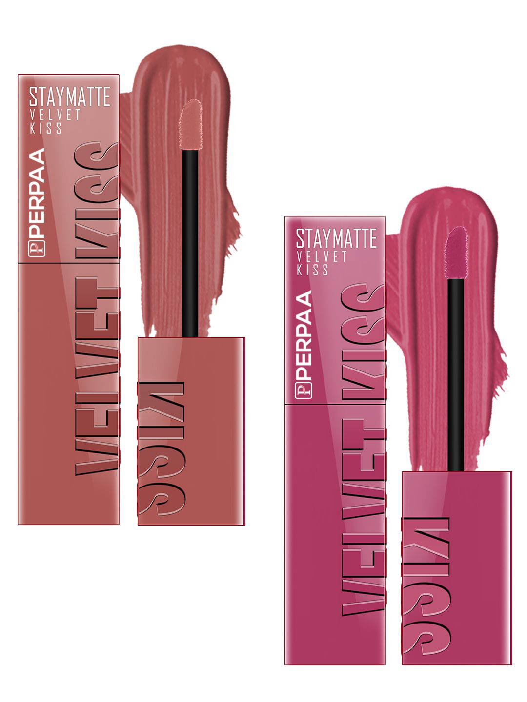 PERPAA Set Of 2 Velvet Kiss Matte Liquid Lipsticks- 3.5 ml Each- Nude - Nude Pink