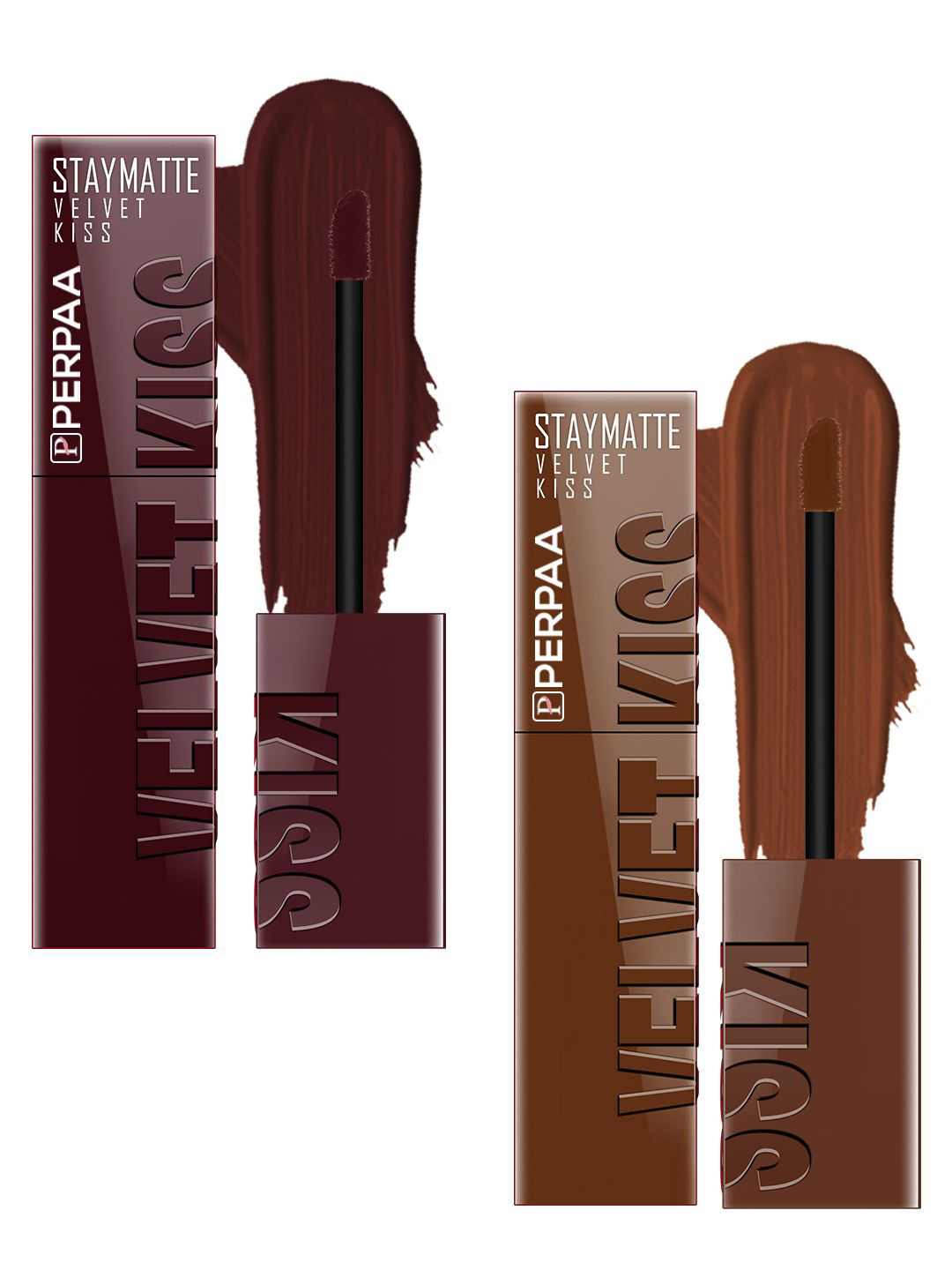 PERPAA Set Of 2 Velvet Kiss Matte Liquid Lipsticks 3.5ml Each - Maroon & Chocolate Brown