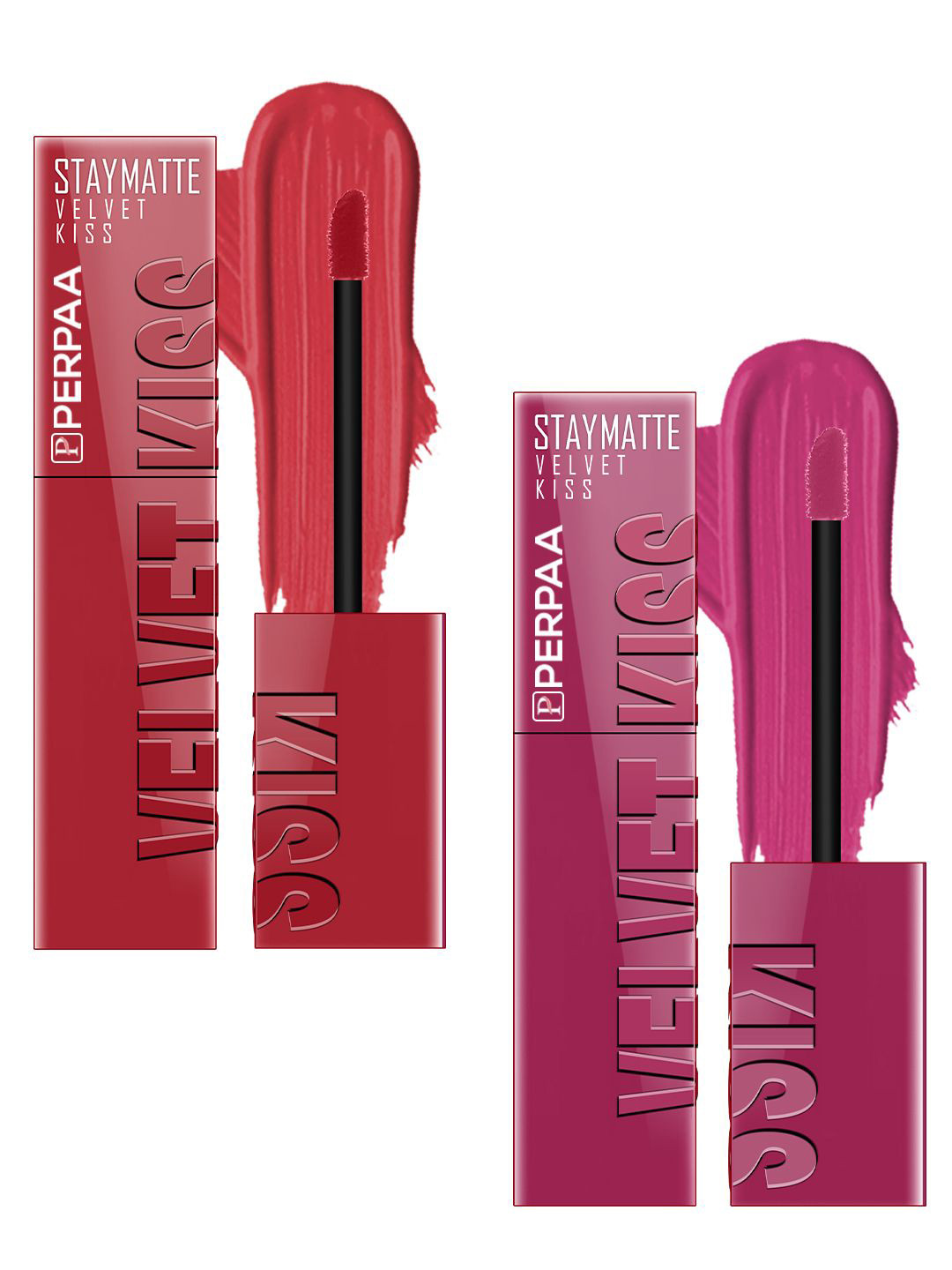 PERPAA Set Of 2 Velvet Kiss Matte Liquid Lipsticks- 3.5 ml Each- Matte Red - Dark Pink