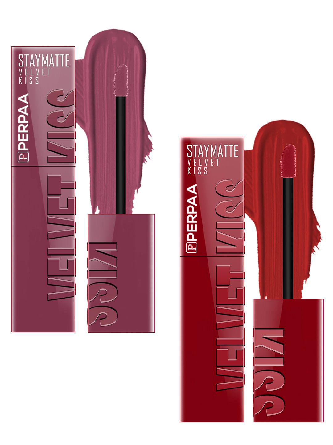 PERPAA Set Of 2 Velvet Kiss Matte Liquid Lipsticks 3.5ml Each - Light Mauve & Cherry Red