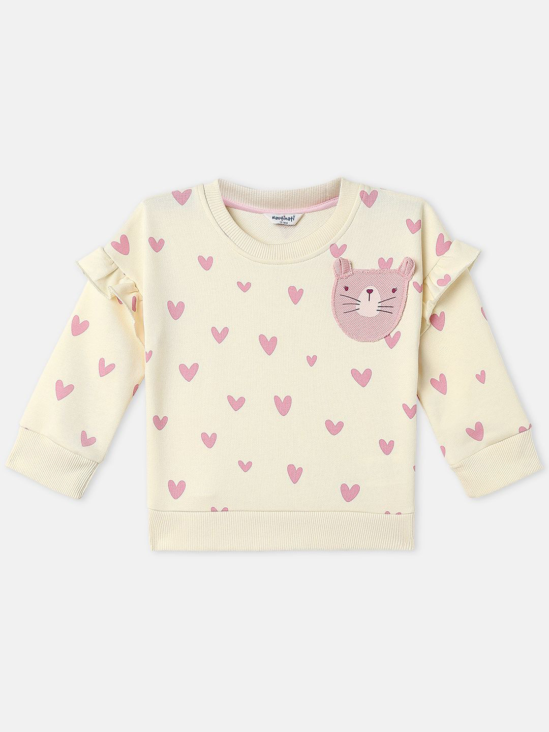 Nautinati Girls' Heart Printed and Cat Applique Full Sleeves Fleece Sweatshirt