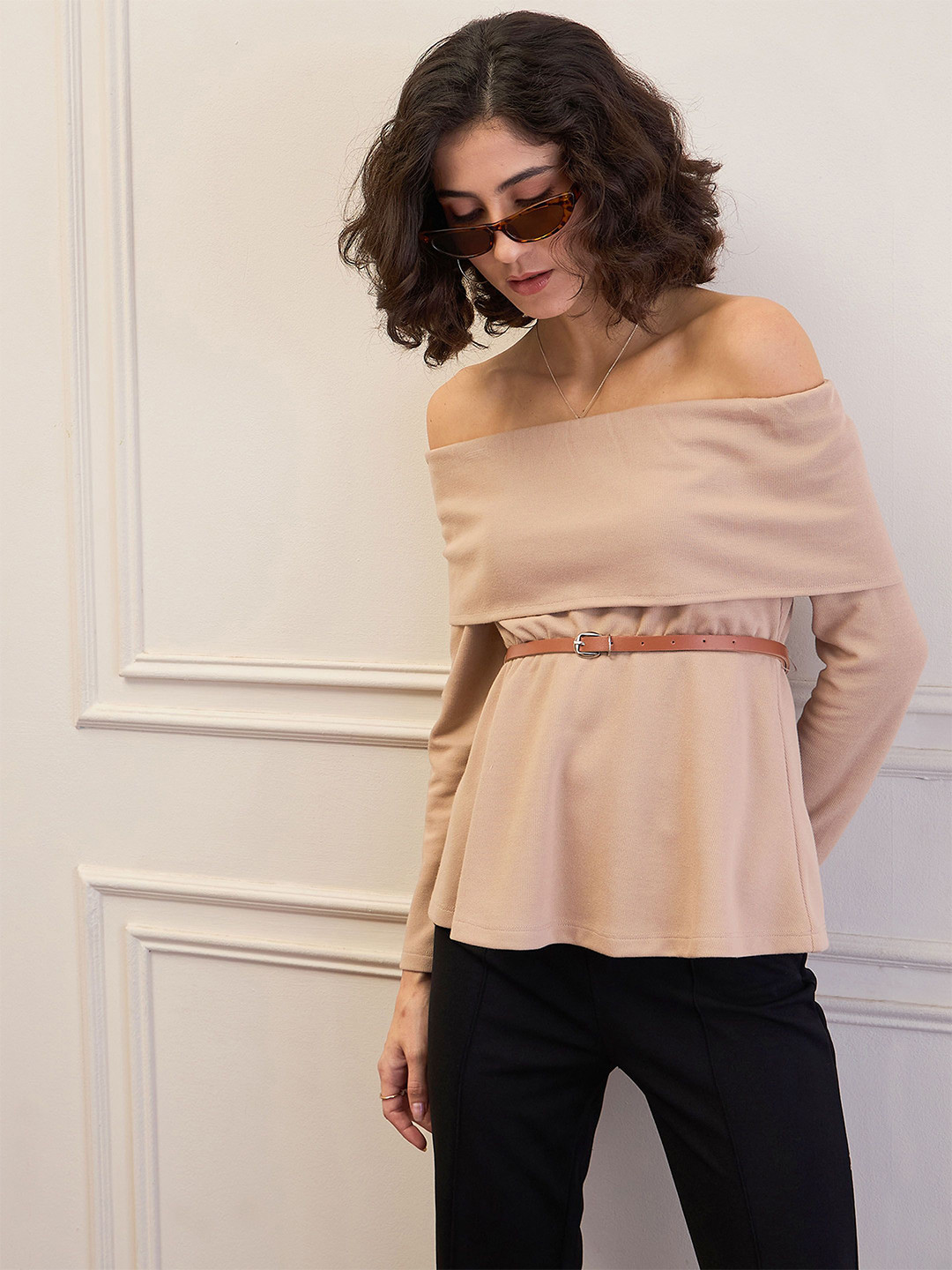 SASSAFRAS Women Off-Shoulder Belted Layered Peplum Top