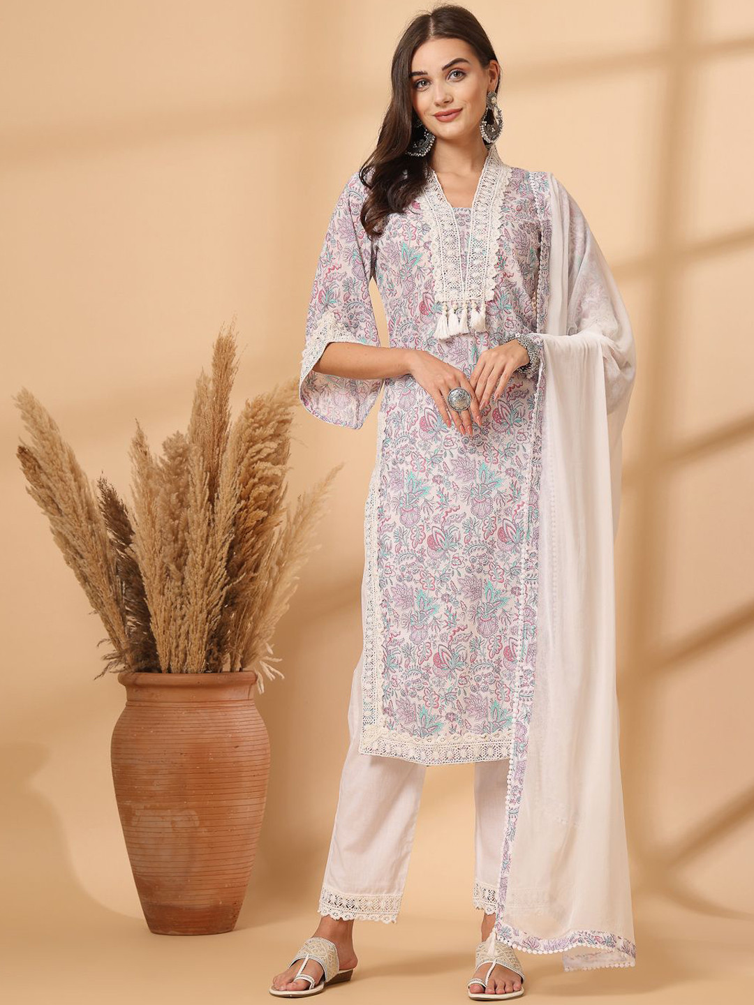 Shangri LA MS Designs Women Printed Regular Thread Work Pure Cotton Kurta with Trousers & With Dupatta