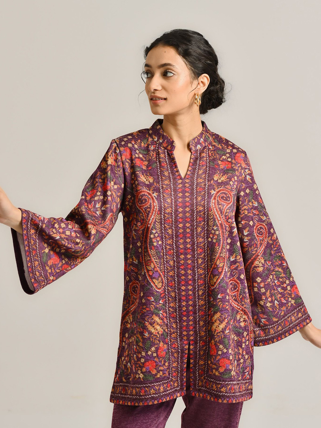 Rustorange Kashmiri Floral Printed Woollen Kurta