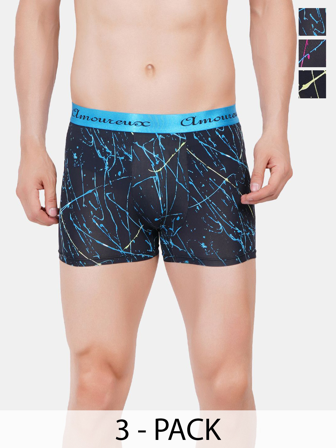 AMOUREUX Men Pack Of 3 Printed Boxer-Style Briefs M02026_Blu_Pnk_Grn