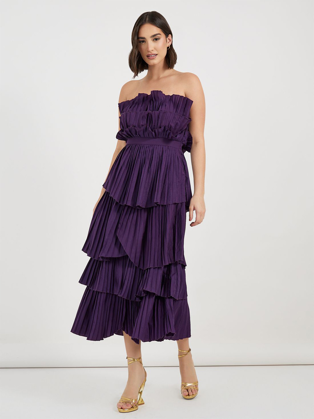 Styli Accordian Pleated Strapless Layered Bandeau Midi Dress