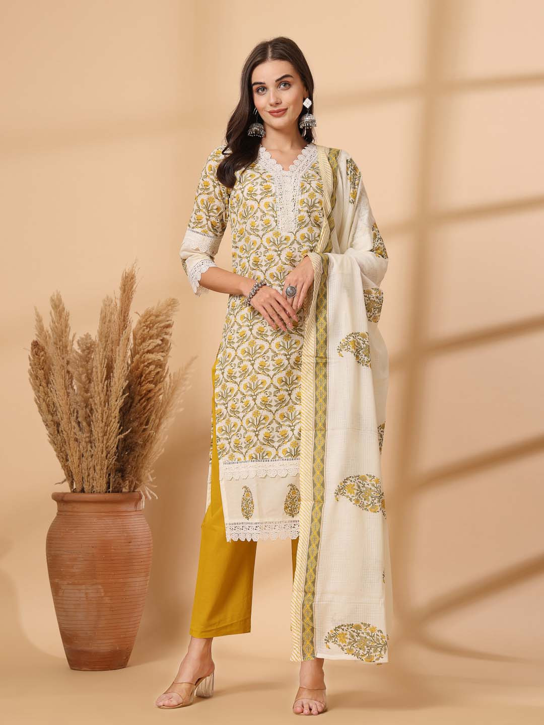 Shangri LA MS Designs Women Printed Regular Pure Cotton Kurta with Trousers & With Dupatta