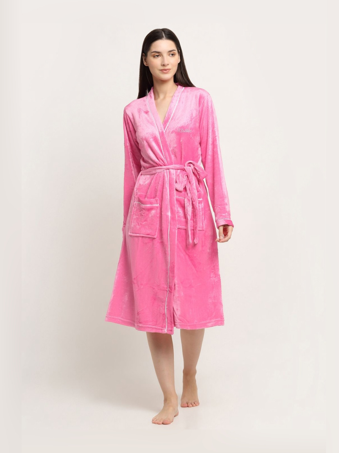 KLOTTHE Pink Solid Wool Drawstring Knee Length Bath Robe-M